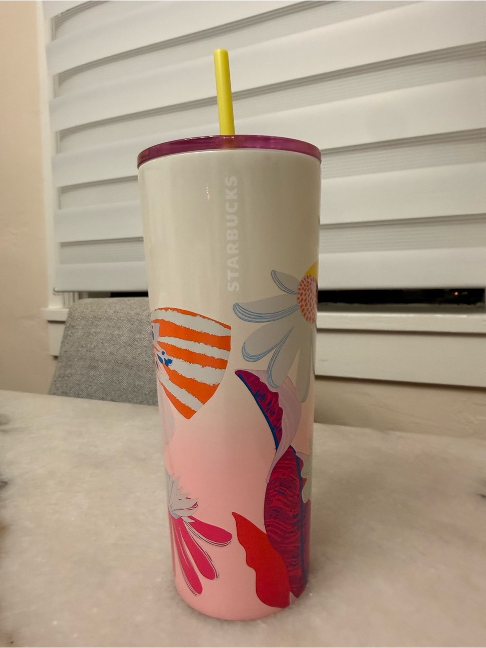 Starbucks Pink Floral Stainless Tumbler with Yellow Straw